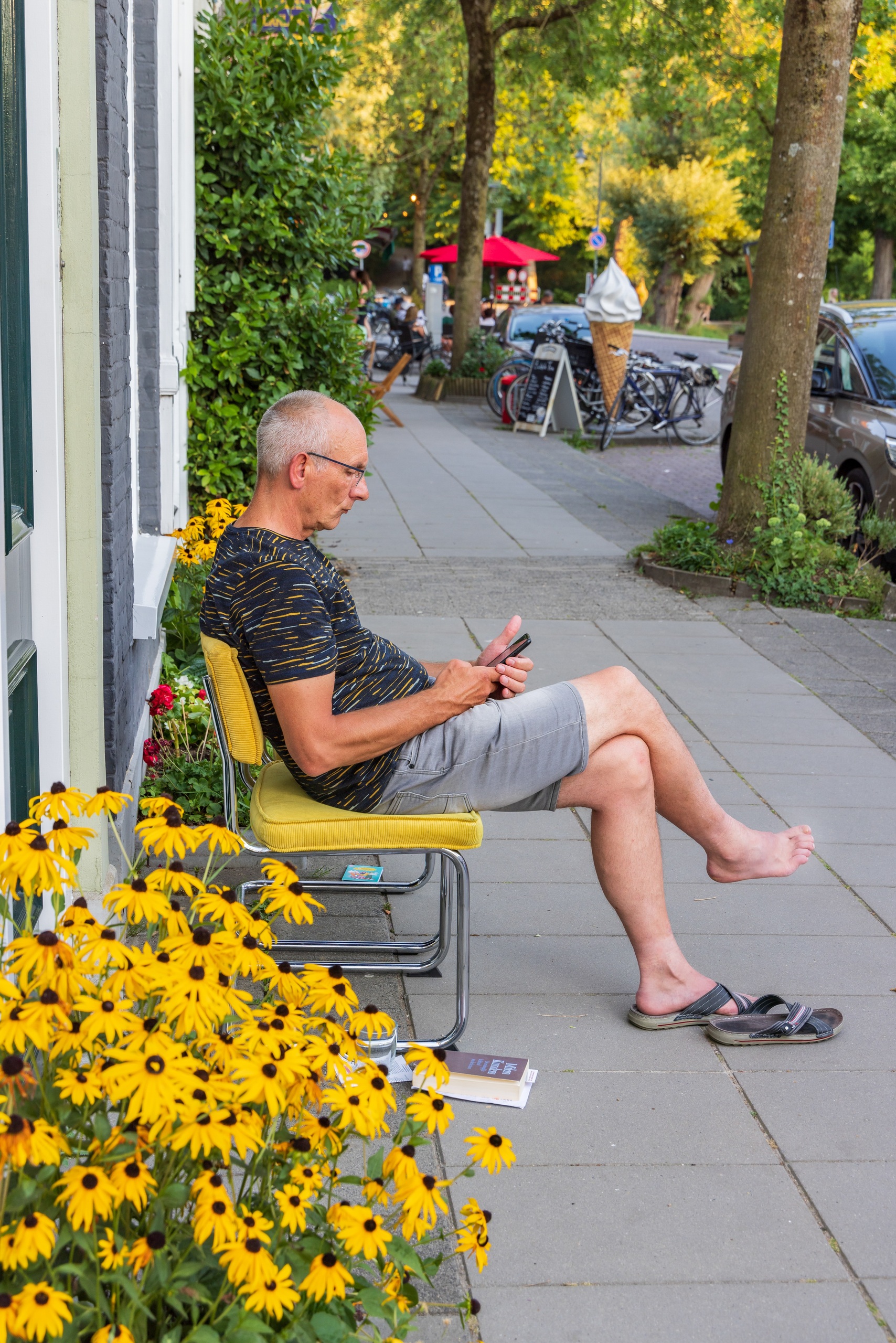 Man met geveltuintje met bloeiend zonnehoed