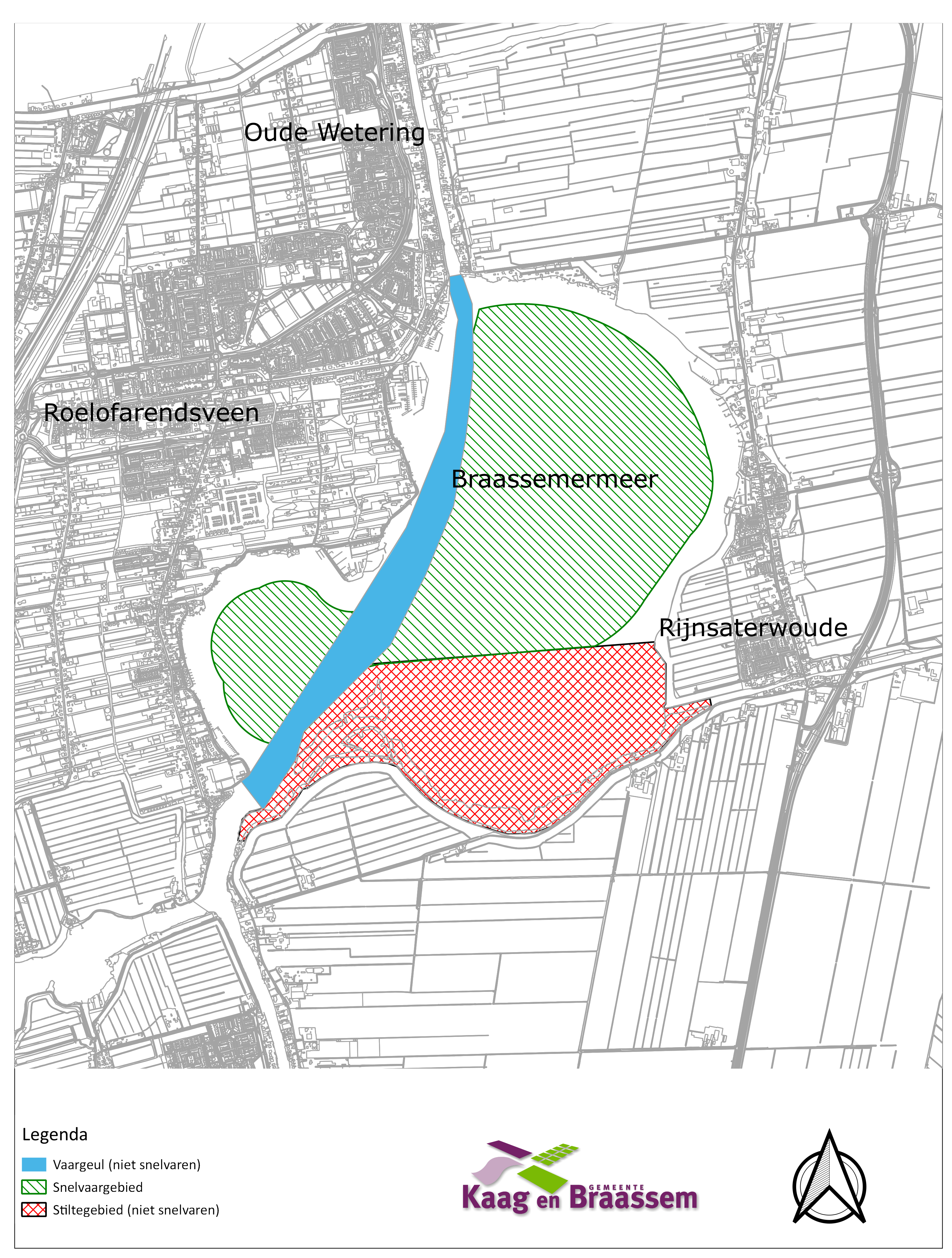 Kaart van het Braassemermeer waarin aangegeven wordt waar men kan snelvaren en waar niet. Hierin wordt in drie dringen onderscheid gemaakt, namelijk een stiltegebied, een snelvaargebied en een vaargeul. In de vaargeul en het stiltegebied mag u niet snelvaren. 